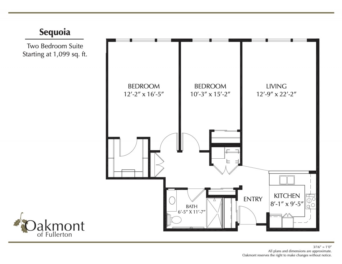 This is a floor plan of The Sequoia, featuring a two-bedroom suite with a designated living room, kitchen, and bathroom.