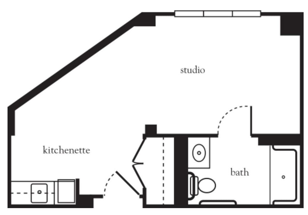 Floor plan of a studio apartment with kitchenette and bathroom.