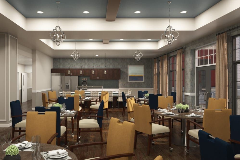 A modern restaurant dining area with elegant interior design.