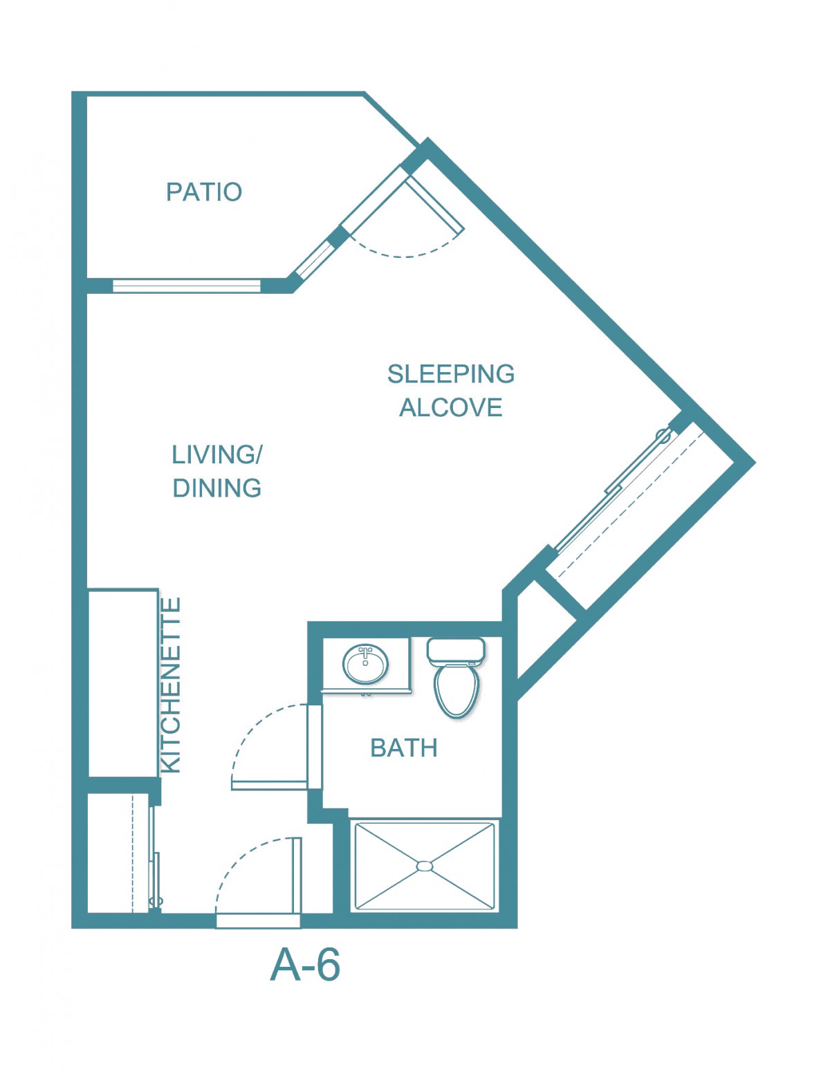 Studio apartment floor plan with a living/dining area, sleeping alcove, bathroom, and patio.