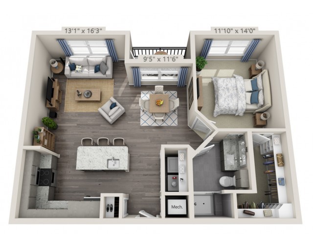 A modern one-bedroom apartment floor plan featuring a living room, kitchen, bedroom, and bathroom.