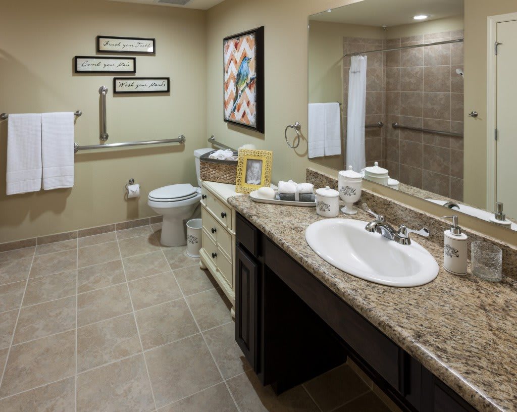 A well-decorated bathroom with a large mirror, sink, and toilet.