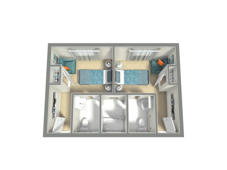 A compact apartment floor plan featuring two bedrooms, two bathrooms, and a central living area.