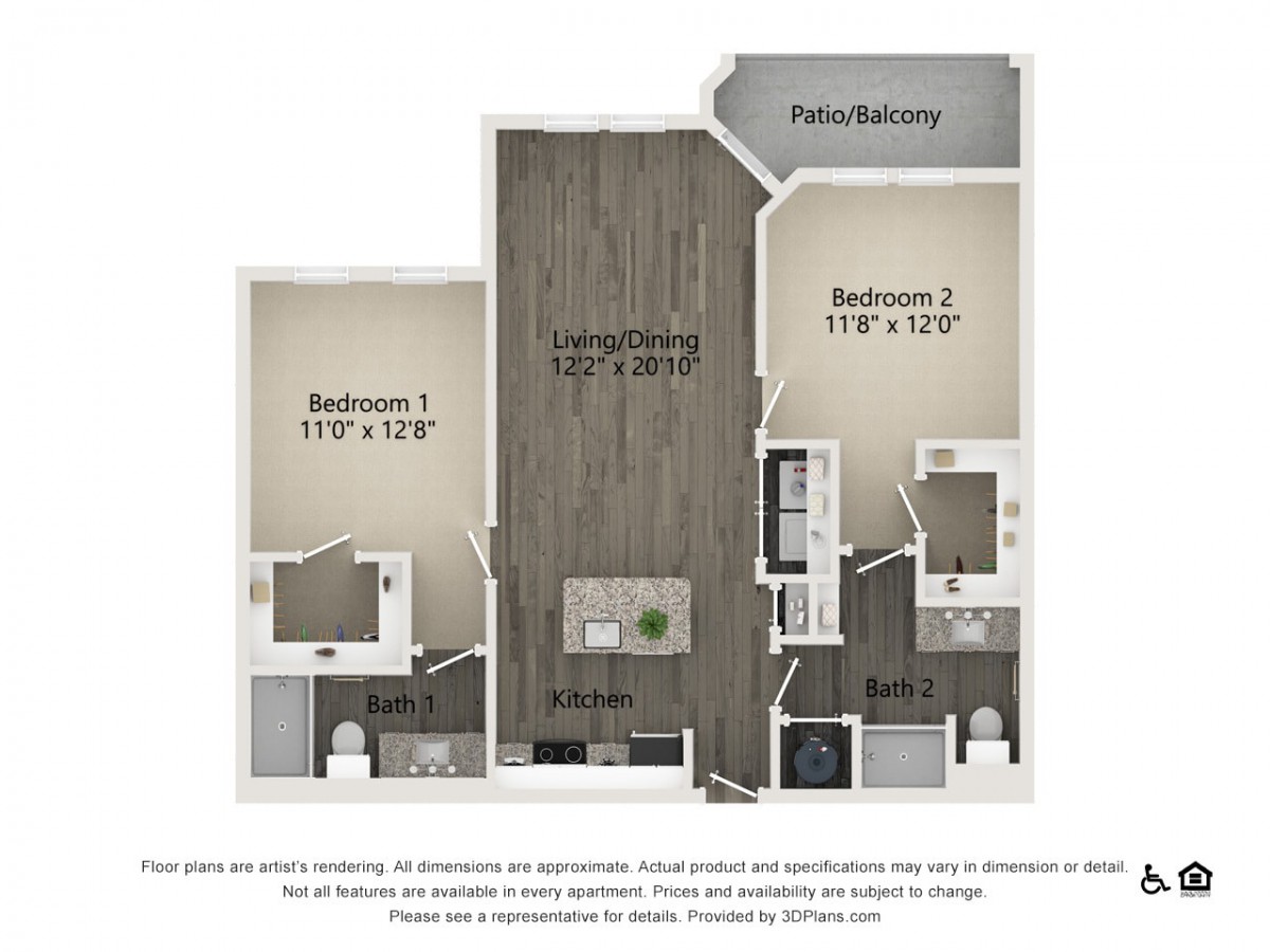A two-bedroom apartment floor plan with a private balcony, living area, and kitchen.