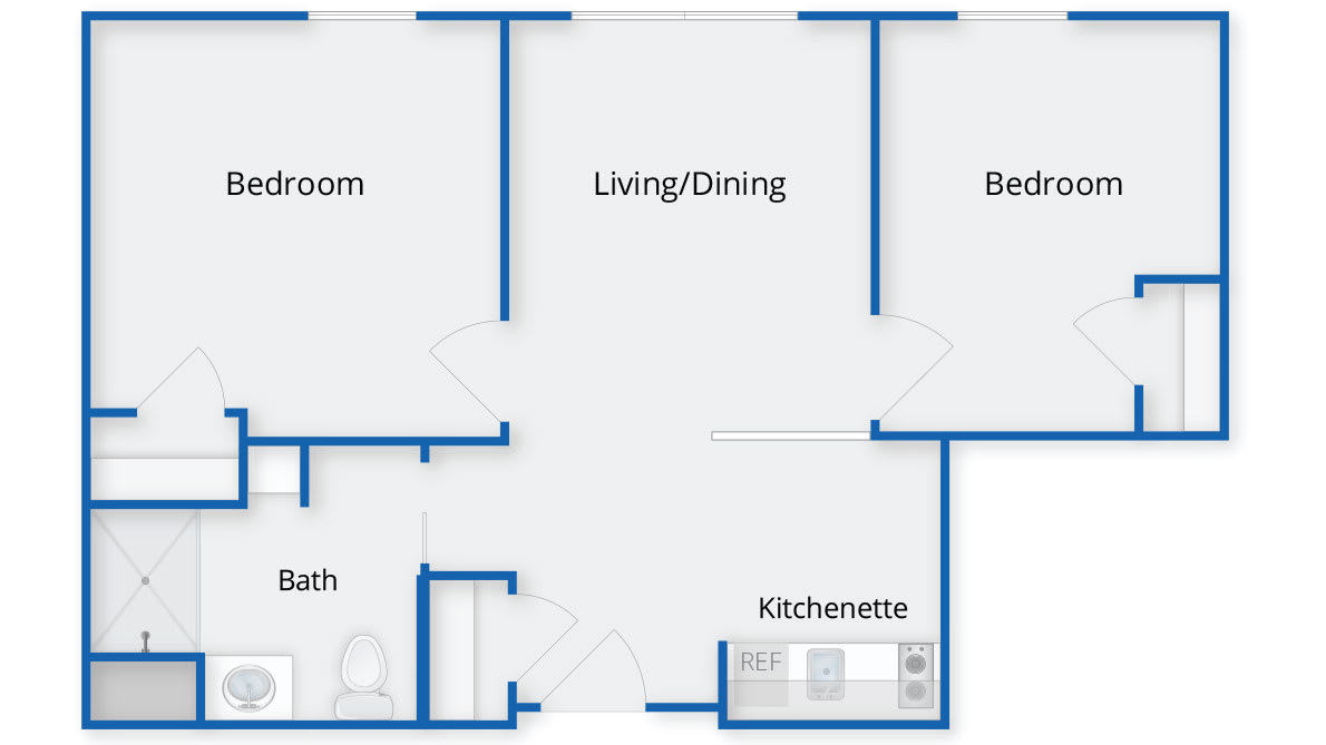 A floor plan of an apartment featuring two bedrooms, a living/dining area, a kitchenette, and a bathroom.
