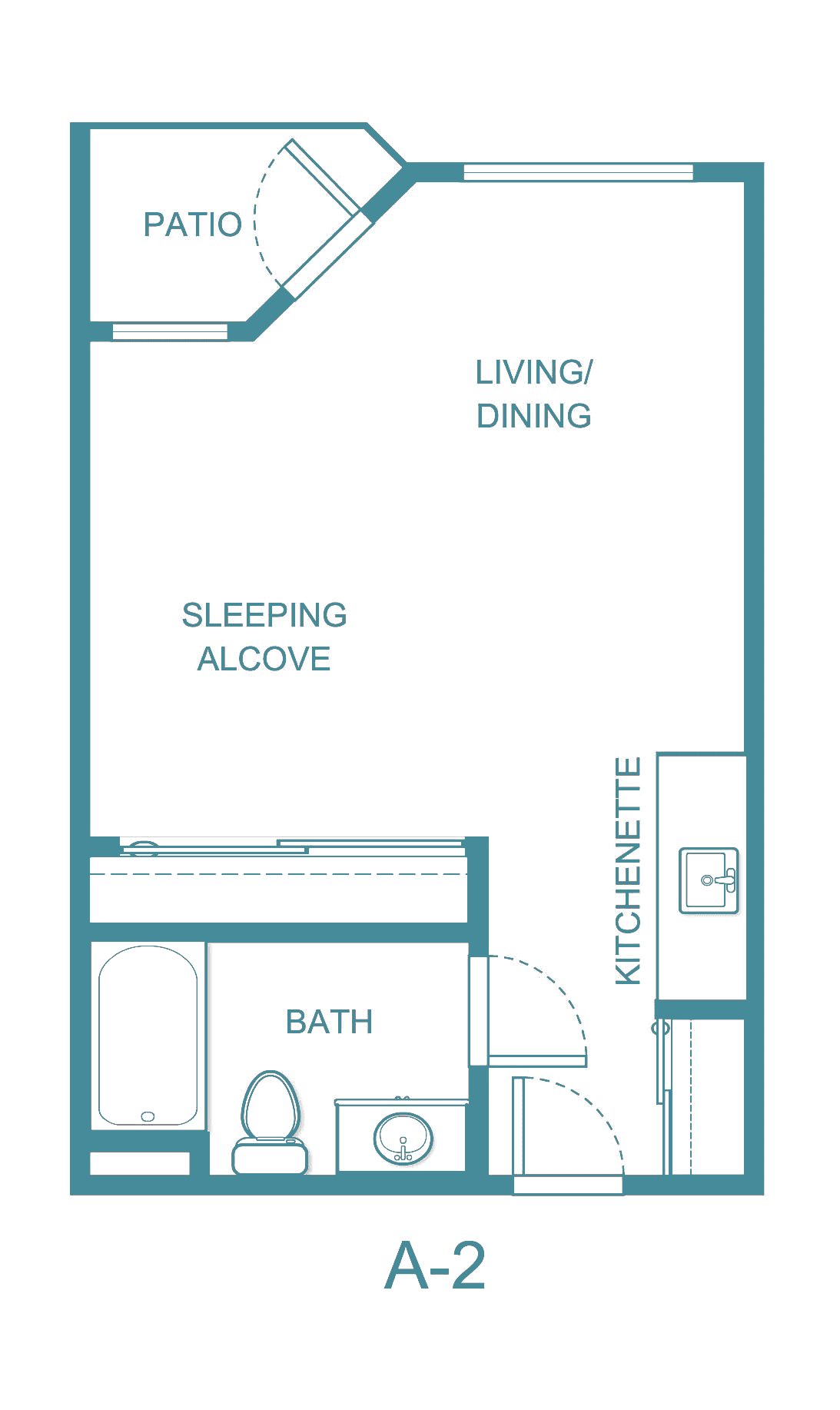 Studio apartment floor plan with a sleeping alcove, living/dining area, kitchen, and bathroom.