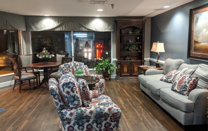 Cozy living room with patterned armchairs, a plush sofa, and elegant decor.