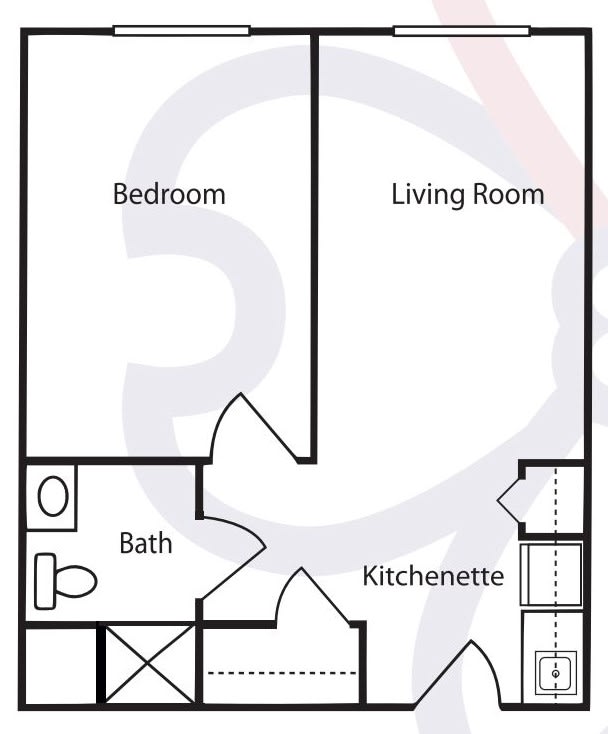 One-bedroom apartment floor plan with living room, kitchenette, and bathroom.