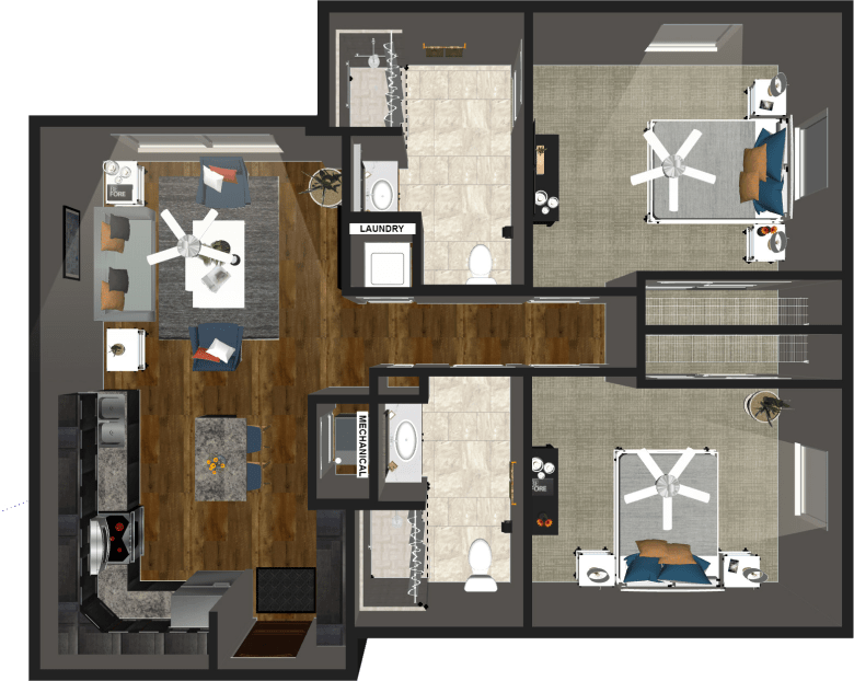 A detailed floor plan of a modern apartment showcasing the arrangement of rooms and living spaces.
