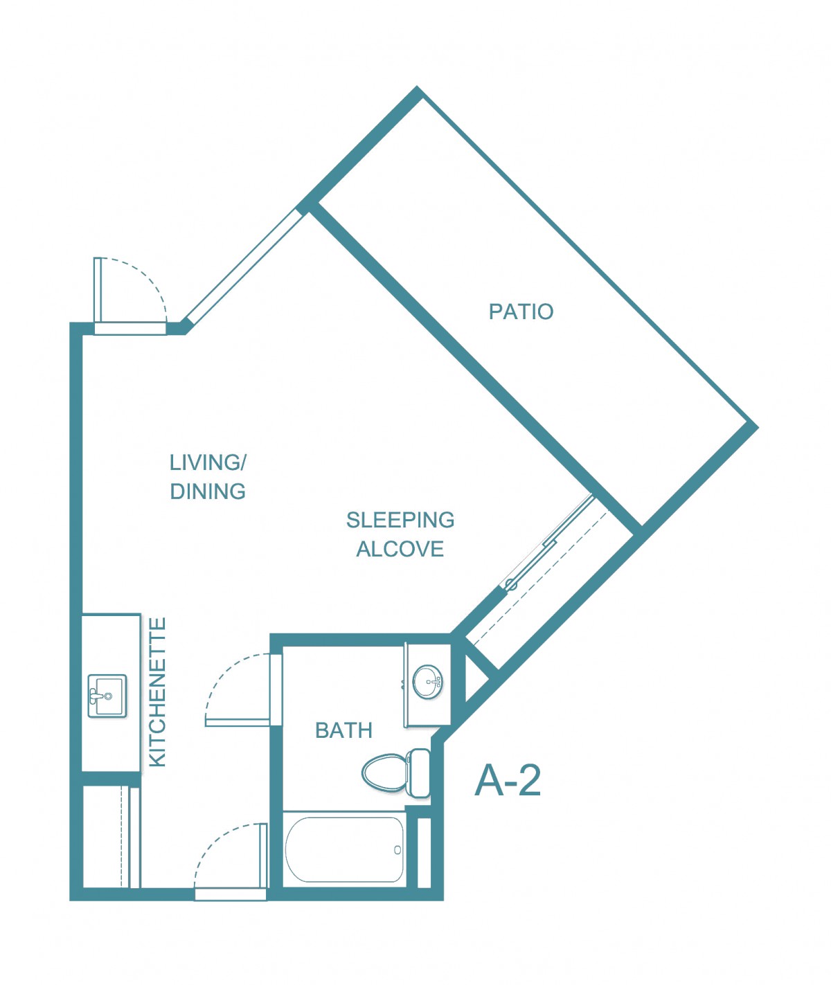 A floor plan of a studio apartment with a sleeping alcove, living/dining area, kitchen, bathroom, and patio.