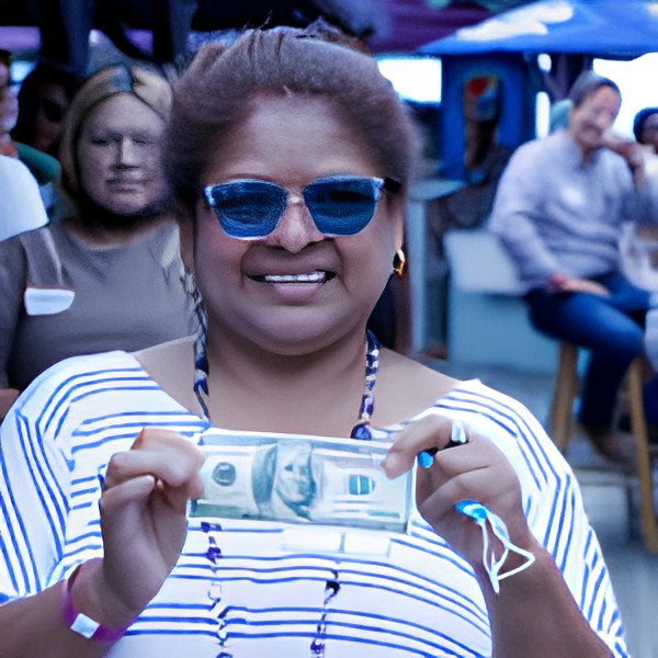 A woman wearing sunglasses holds a hundred-dollar bill while smiling outdoors.