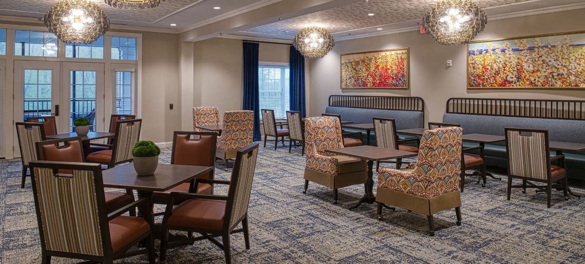 Elegant dining area with comfortable seating and modern decor.