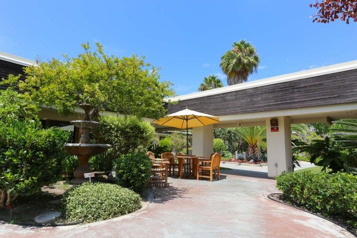A sunny outdoor patio with a table, chairs, and umbrella surrounded by lush greenery.