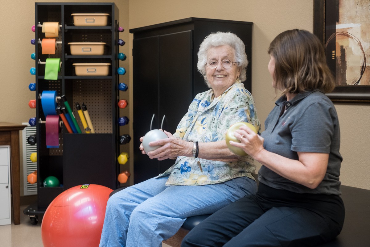 An elderly woman engages in a therapy session with a healthcare professional, using exercise equipment.