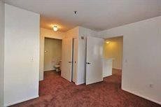 An interior view of a room with multiple doors, featuring carpet flooring and ceiling lighting.