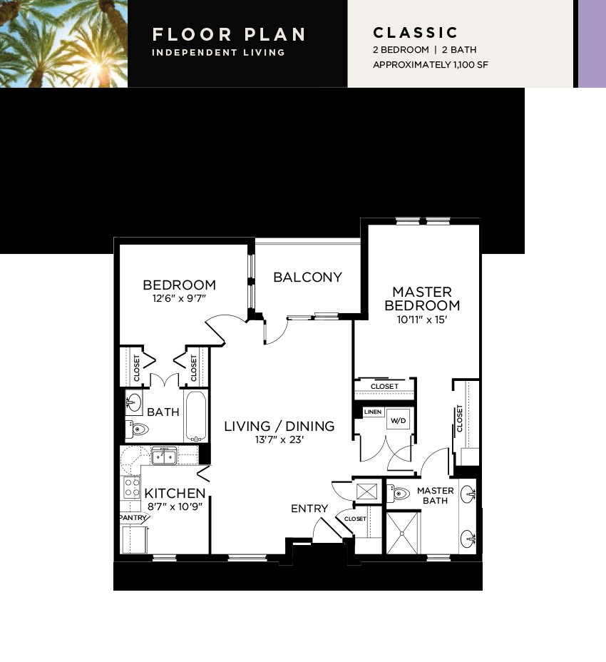 Two-bedroom apartment floor plan with a balcony, kitchen, and living/dining area.