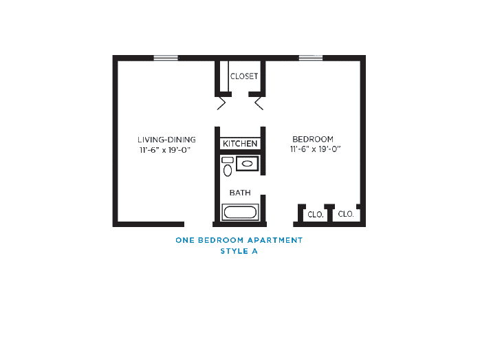 Floor plan of a one-bedroom apartment, featuring a living/dining area, kitchen, bathroom, and bedroom with closet space.