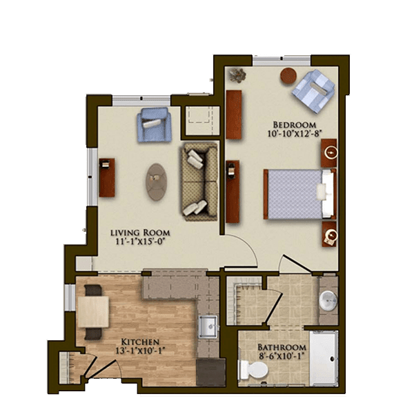 A 1-bedroom apartment floor plan including a living room, kitchen, and bathroom.