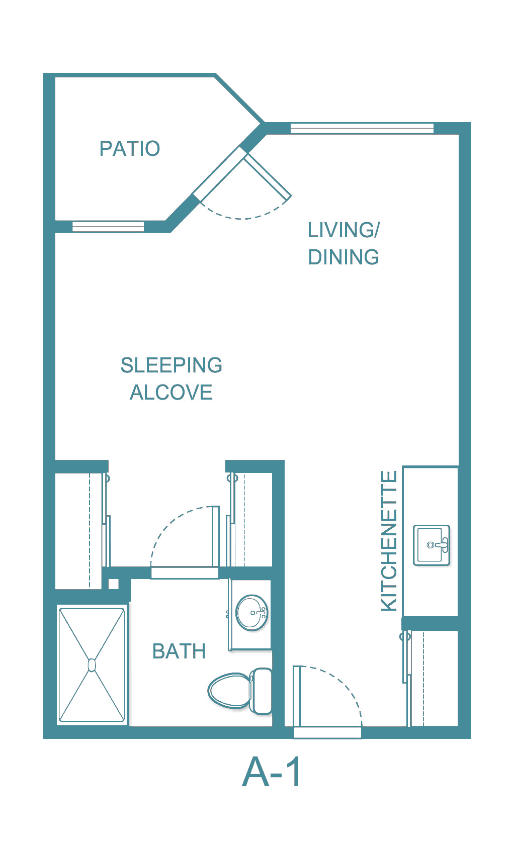 Floor plan of a studio apartment with a living/dining area, sleeping alcove, kitchenette, and bathroom.