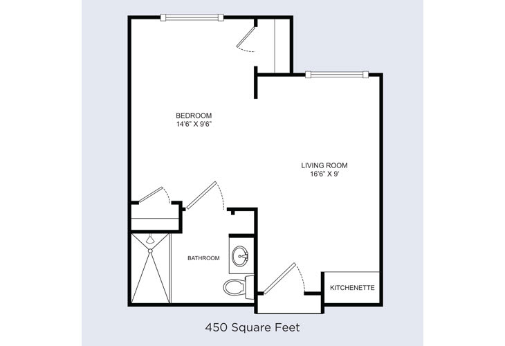 A 450 square foot studio apartment floor plan featuring a bedroom, living room, bathroom, and kitchenette.