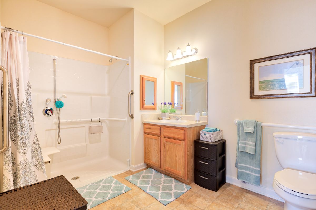 A well-lit bathroom featuring a vanity with mirror, sink, and a shower area.