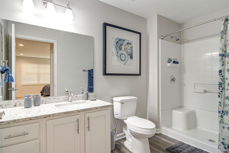 A modern bathroom with a sink, toilet, and shower area, featuring minimalistic decor.