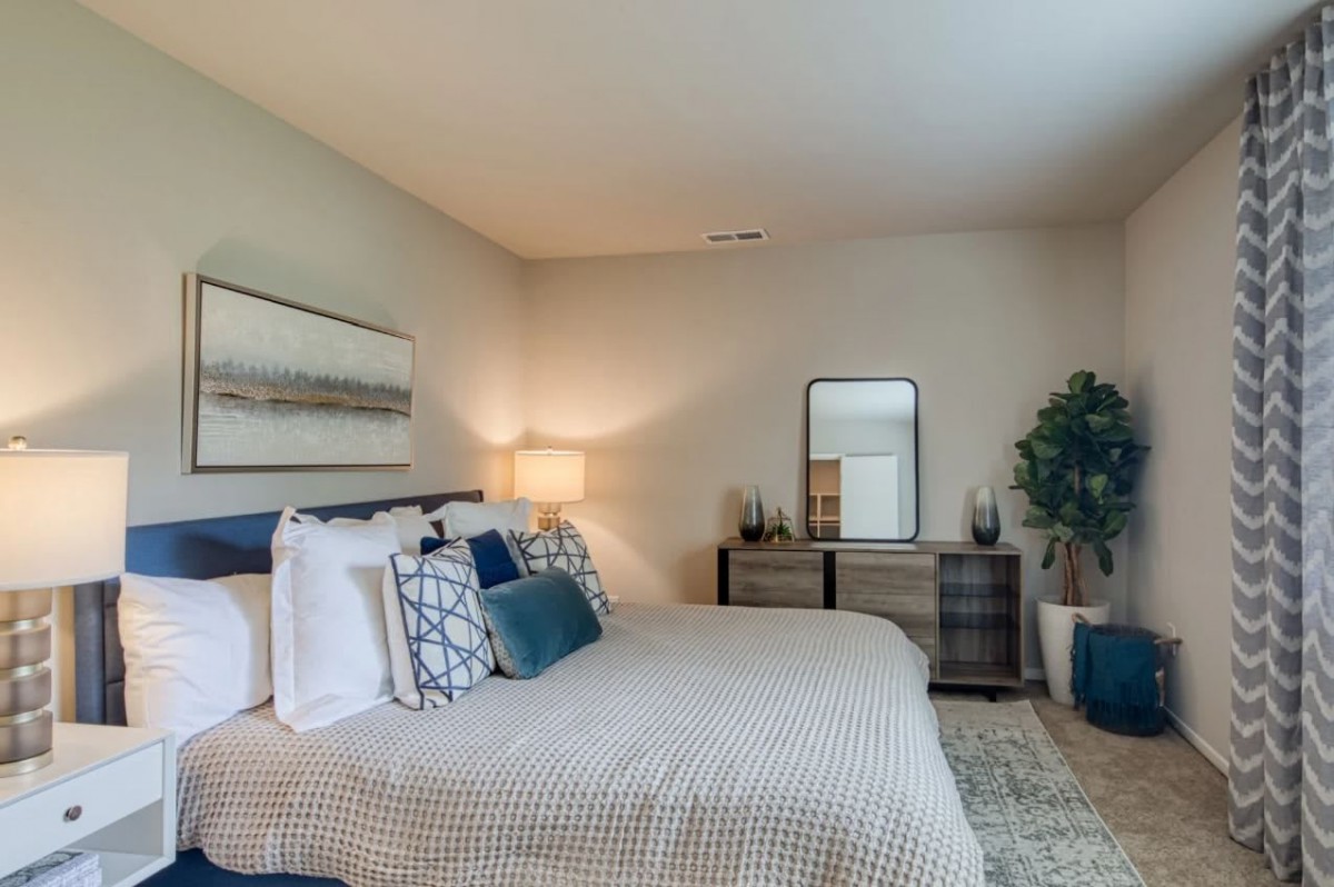 A modern and well-decorated bedroom with a large bed, side lamp, mirror, and indoor plant.