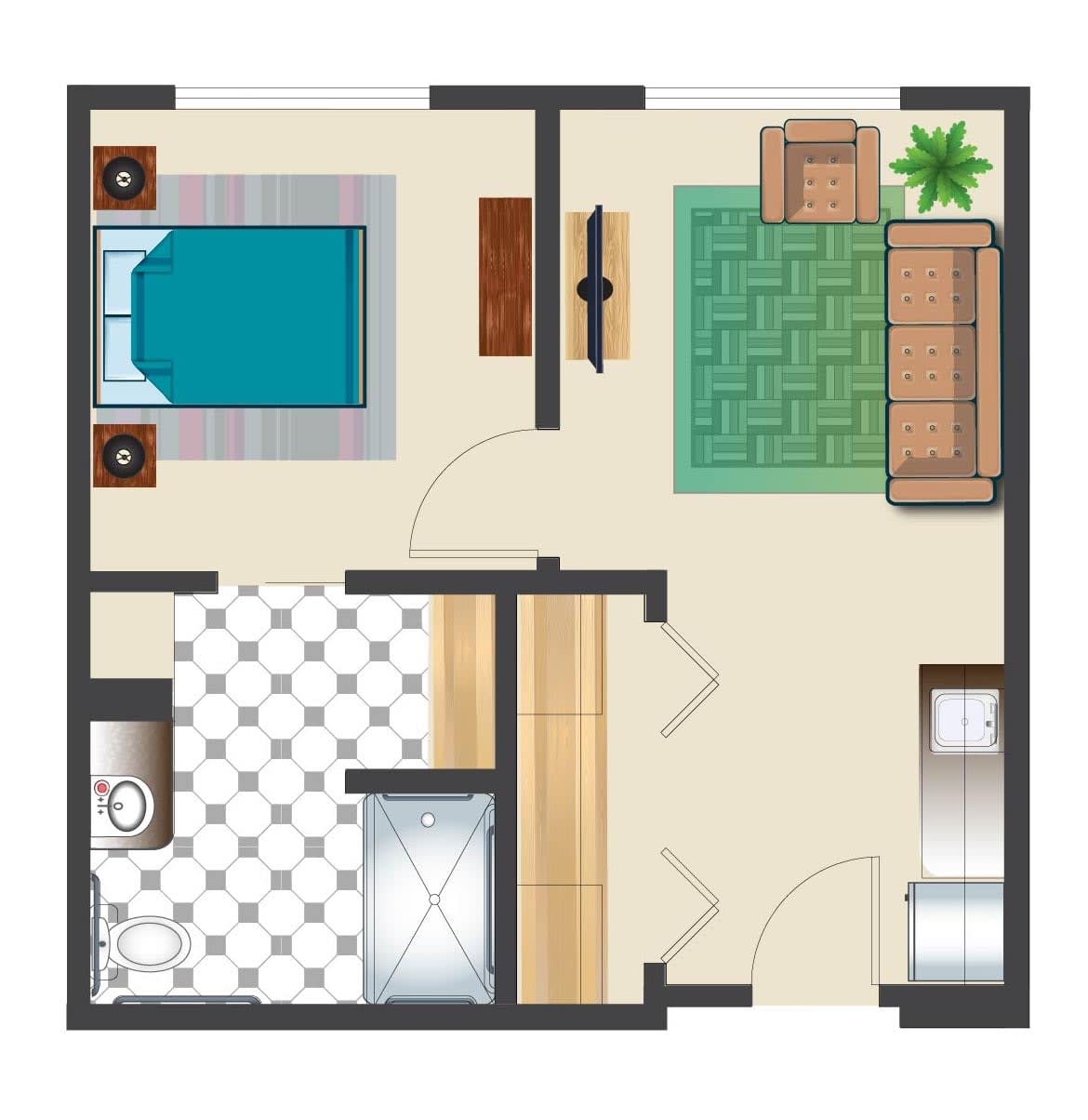 A simple floor plan of a small apartment featuring a bedroom, living room, kitchen, and bathroom.