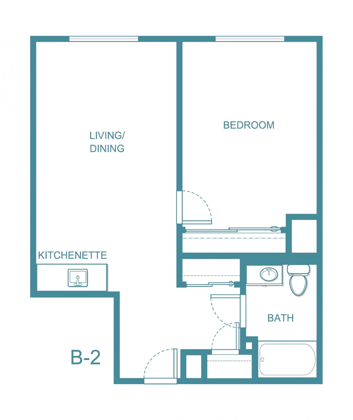 One-bedroom apartment floor plan with living/dining area, kitchenette, and bathroom.