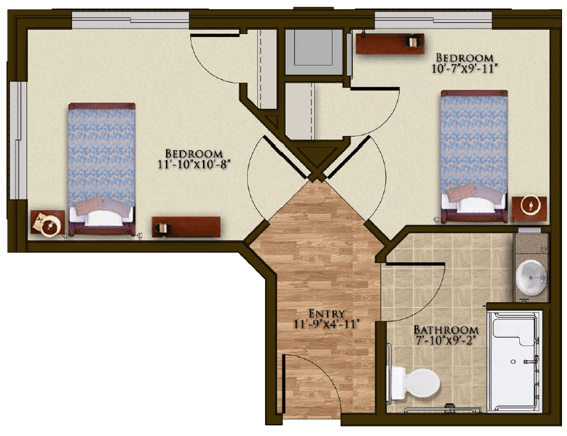 Two-bedroom apartment floor plan with living area and bathroom.