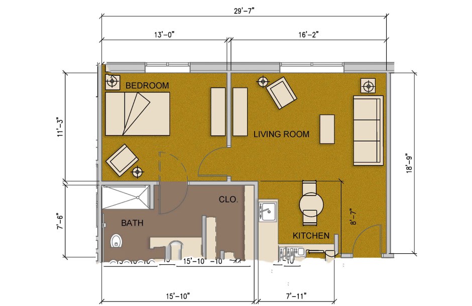 A detailed floor plan of an apartment, showing the layout of a bedroom, living room, kitchen, and bath with precise measurements.