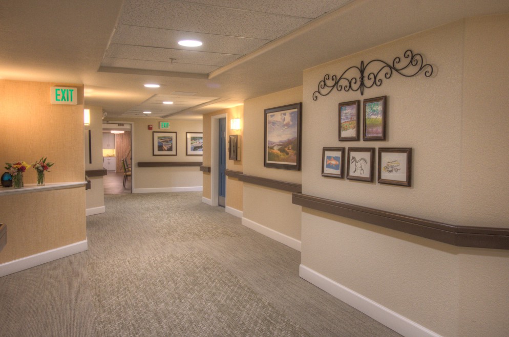 A well-lit hallway featuring artwork on the walls and a carpeted floor.