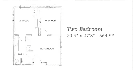 Floor plan for a two-bedroom apartment with dimensions.