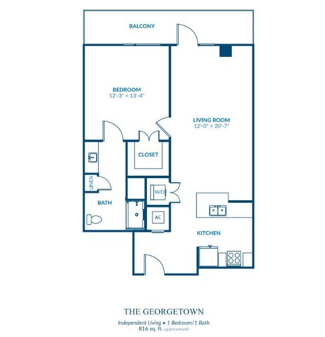 This image depicts a floor plan of an apartment, featuring one bedroom, a bathroom, kitchen, living room, and balcony.