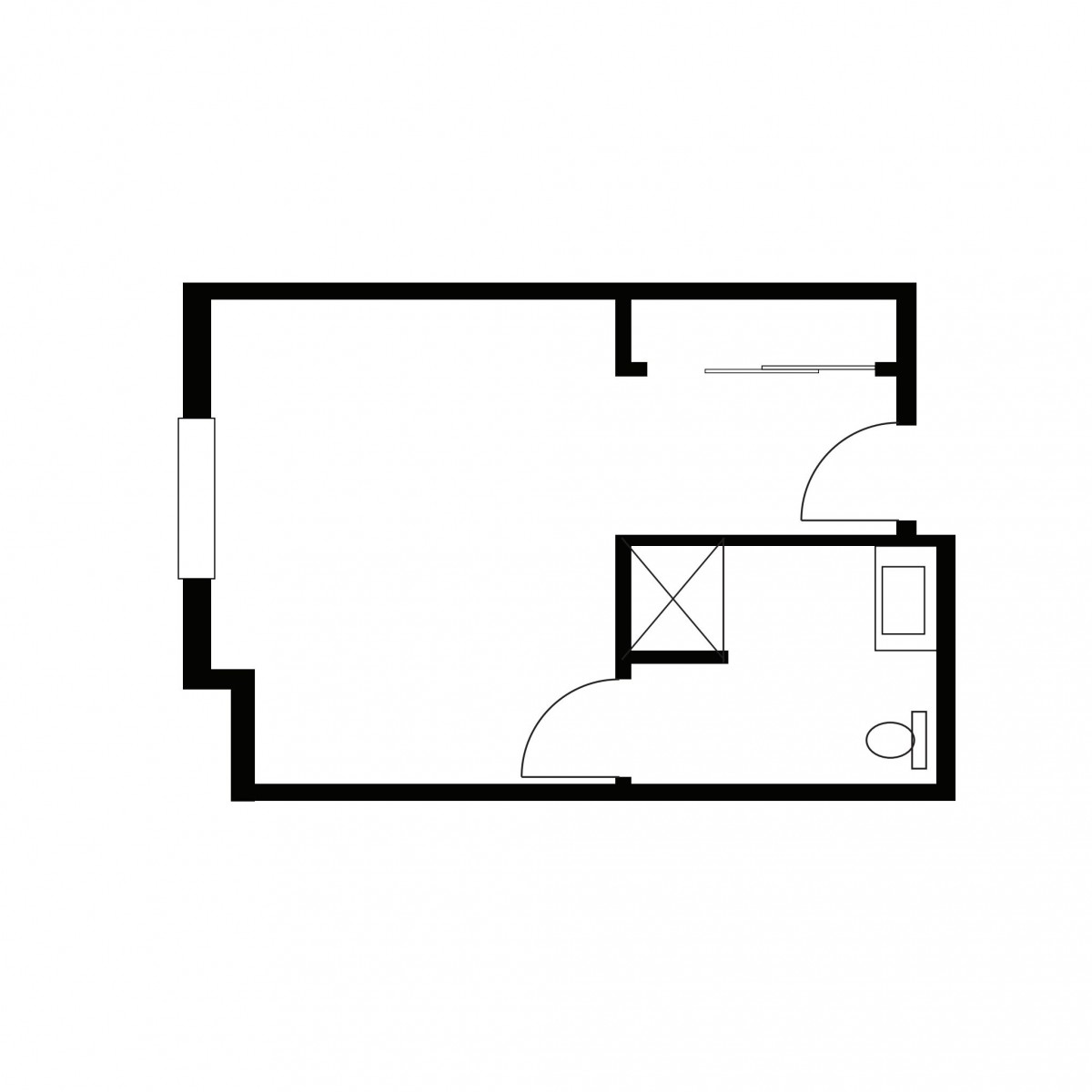 A floor plan showing a small apartment with a bathroom and main living area.