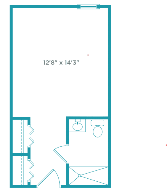 A floor plan illustrating a room layout with dimensions and bathroom facilities.