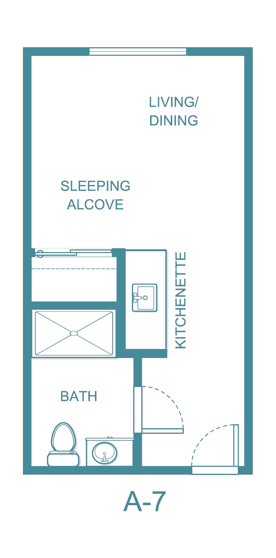 A compact floor plan of a studio apartment featuring a sleeping alcove, kitchenette, and bath.