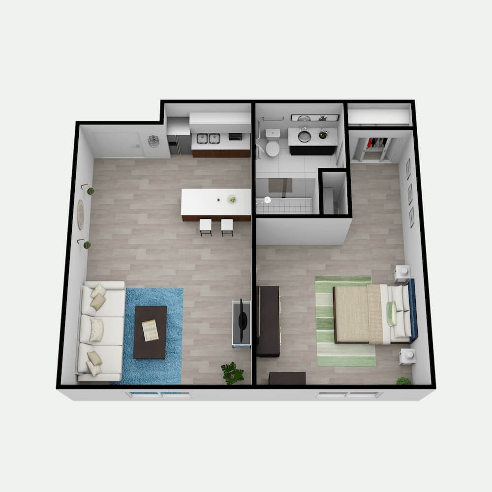 A top-down view of a one-bedroom apartment floor plan with a kitchen, living room, and bathroom.