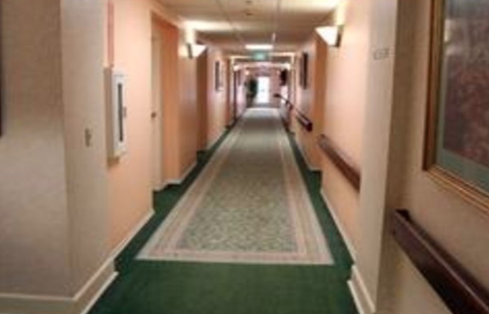A long hallway with a patterned carpet and wall-mounted lights.