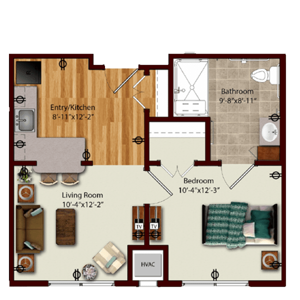A floor plan of a one-bedroom apartment featuring a living room, kitchen, and bathroom.