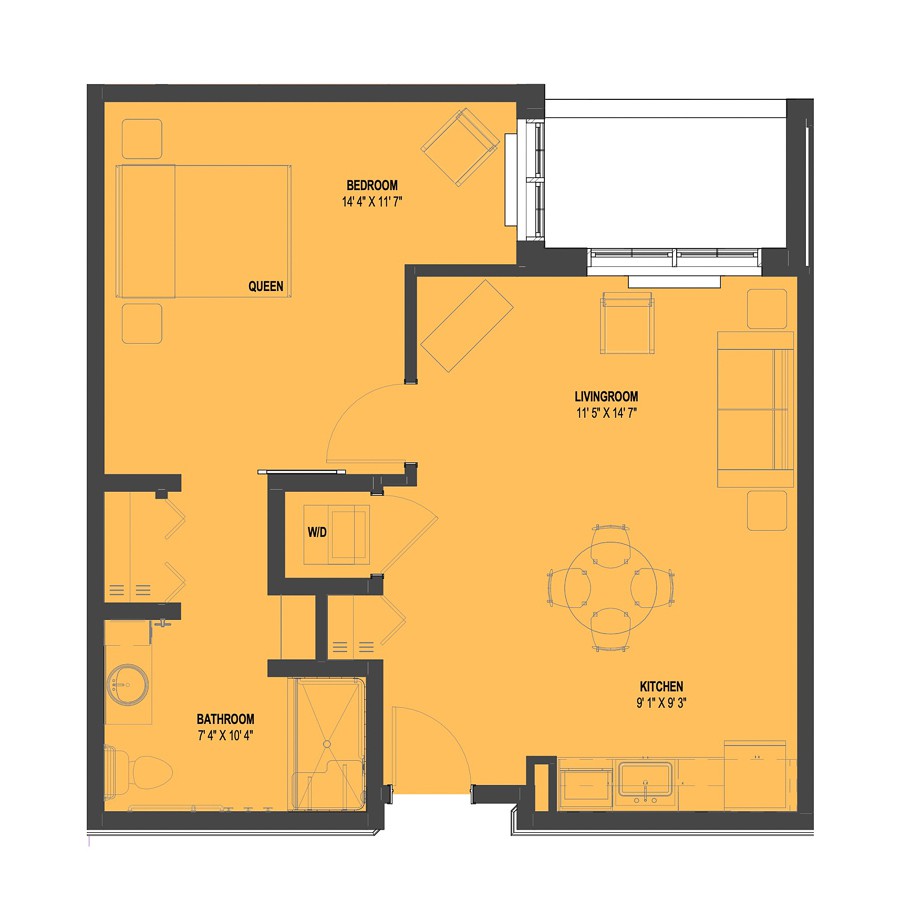 A floor plan depicting the layout of an apartment, including rooms and architectural features.