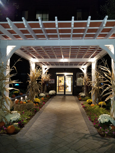 A beautifully lit entrance featuring a floral pathway and decorative elements, inviting visitors in during the night.