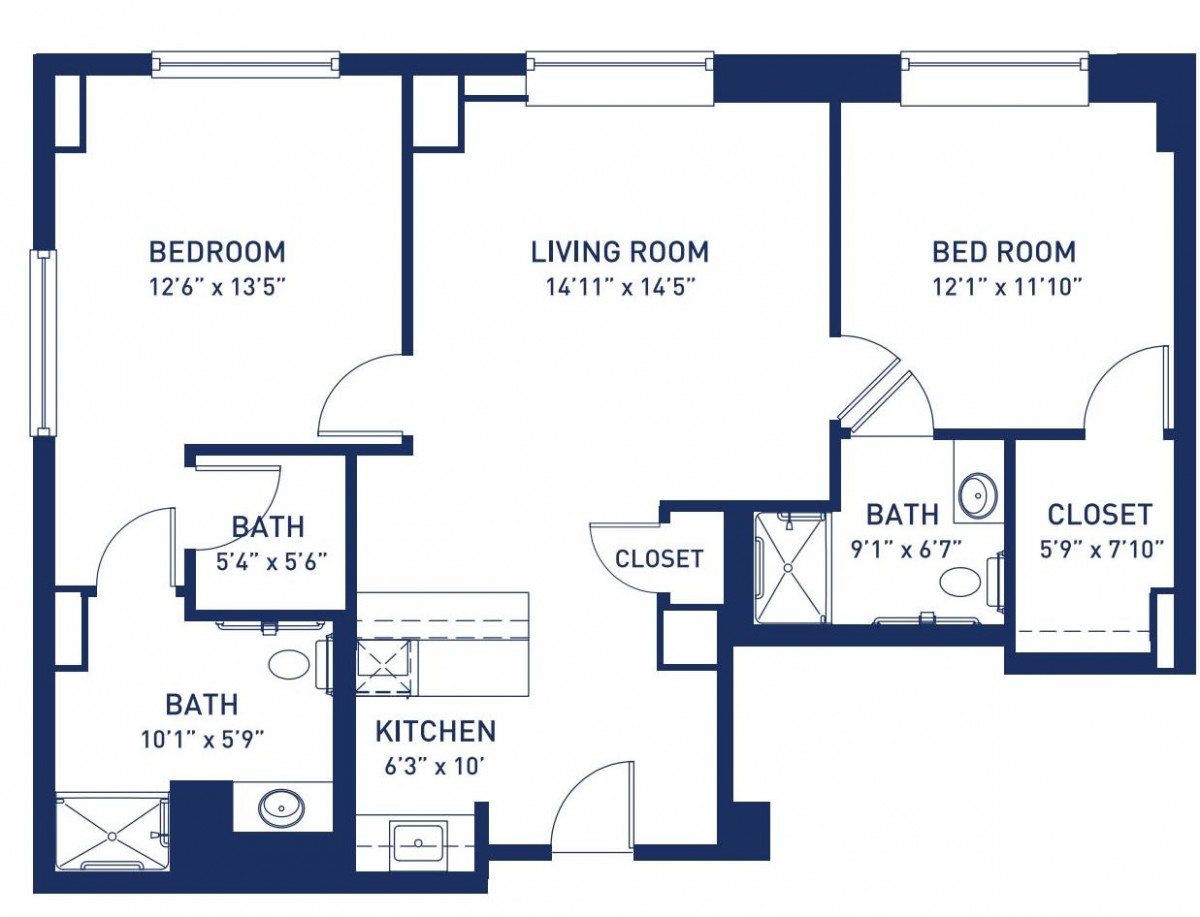A detailed floor plan of a two-bedroom apartment.