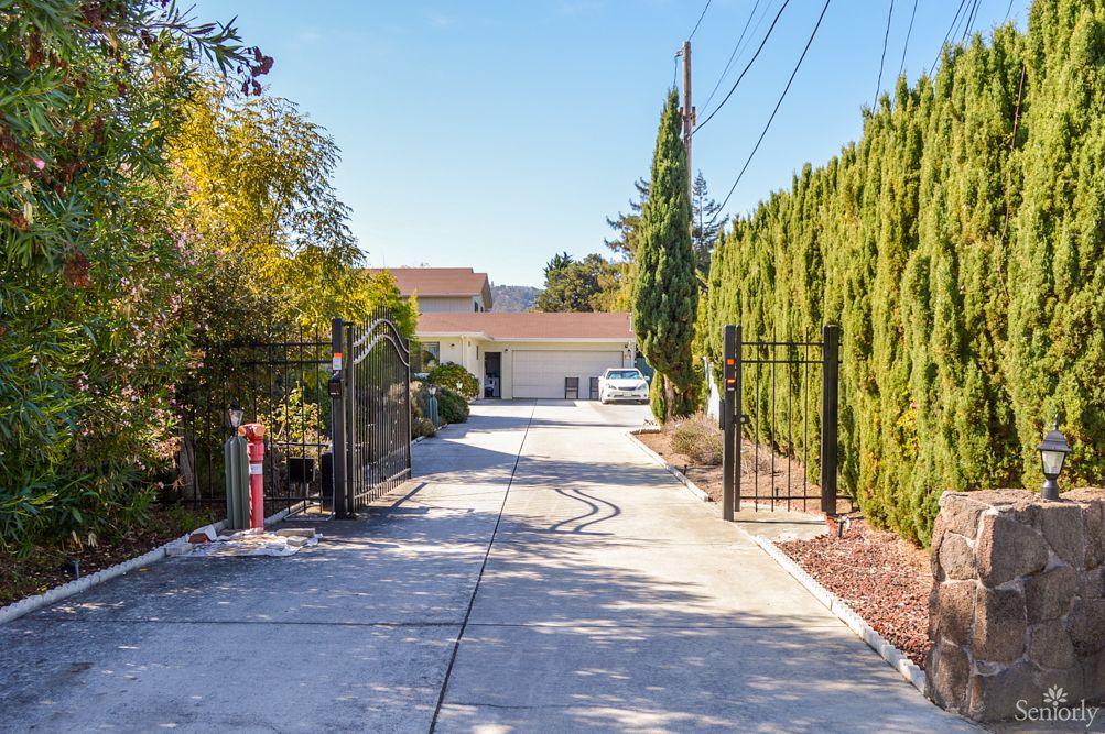 A long driveway leading to a house, bordered by trees and a gate.