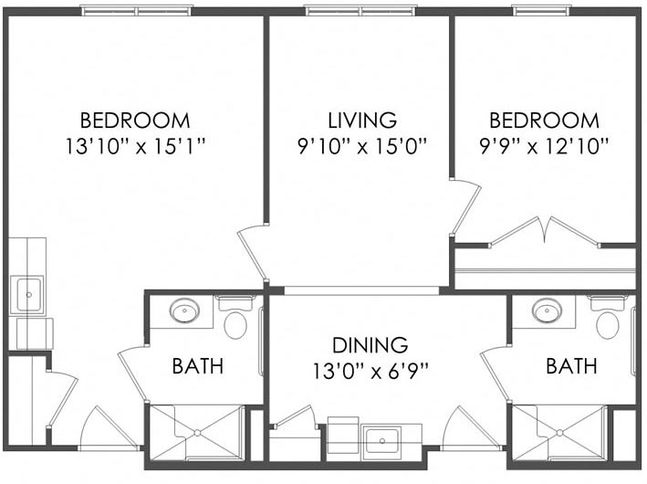A floor plan of a two-bedroom apartment with a living room, dining area, and two bathrooms.
