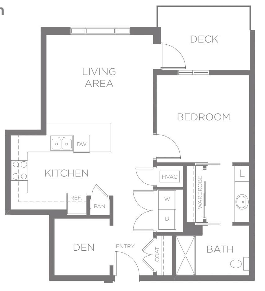 A floor plan of a one-bedroom apartment featuring a living area, kitchen, bedroom, bathroom, and deck with an additional den space.