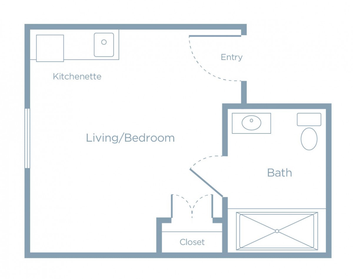 A floor plan of a studio apartment with a combined living and bedroom area, kitchenette, bathroom, and closet.
