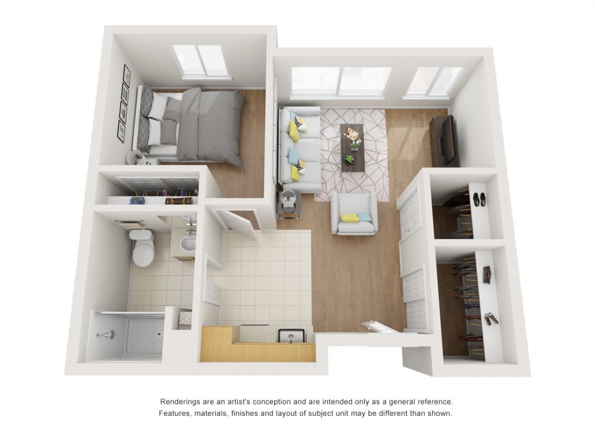 A 3D floor plan of a one-bedroom apartment showcasing a living room, kitchen, and bathroom.