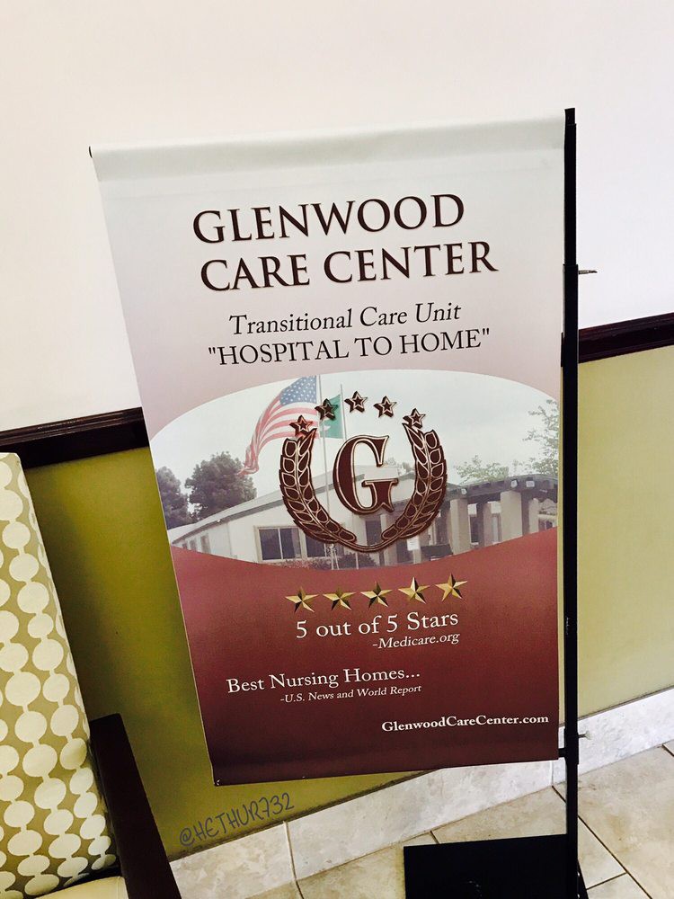 A promotional banner for Glenwood Care Center highlighting its 'Hospital to Home' transitional care services and 5-star rating.