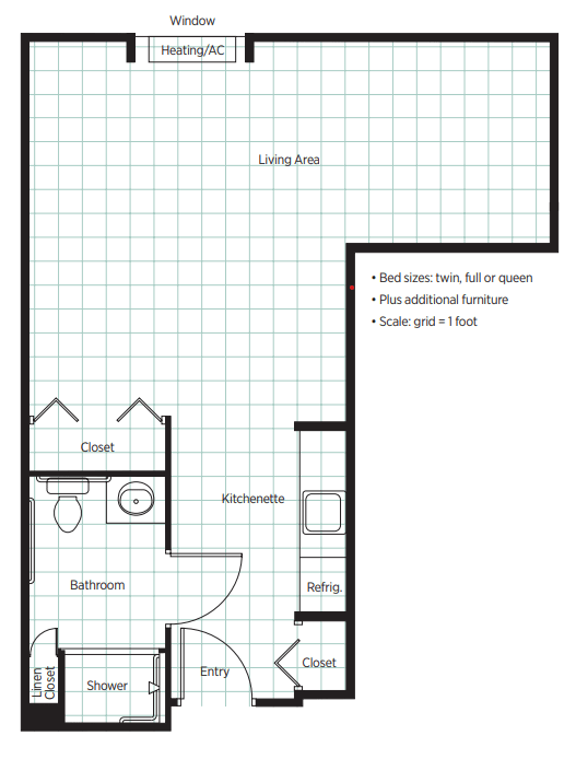 This image shows a floor plan of an apartment, featuring a living room, kitchen, and bathroom.